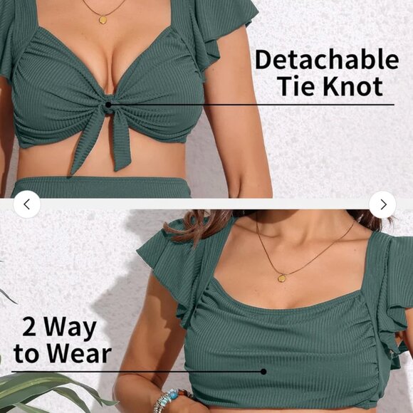 Charmo Ruffle Sleeve Ribbed Ruched Maternity Bikini Set size L EUC - Picture 2 of 8